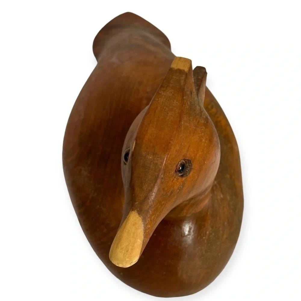 12.5” Wooden Carved Duck Decoy Brown Stripped Wood